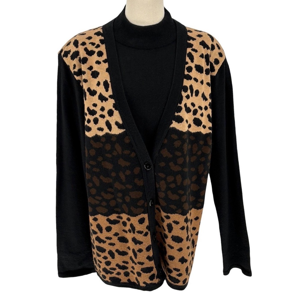 Vintage Sag‎ Harbor Dress Cardigan Set Black Leopard Animal Print XL